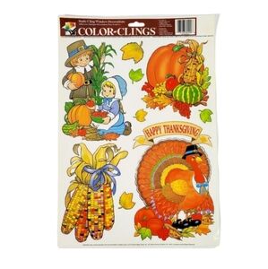 Vintage 90's Window Color Clings Turkey Indian Corn pilgrims Pumpkins Set of 3